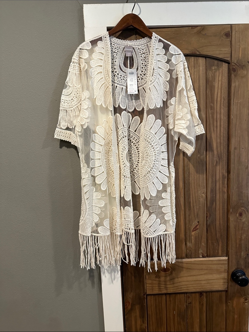 Chico's Cream Crochet Fringe Kimono